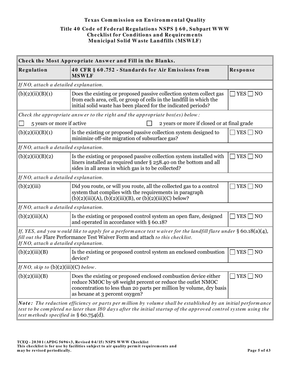 Form TCEQ-20301 Checklist for Standards of Performance for Mswlf Title 40 Cfr / Nsps Subpart Www - Texas, Page 5