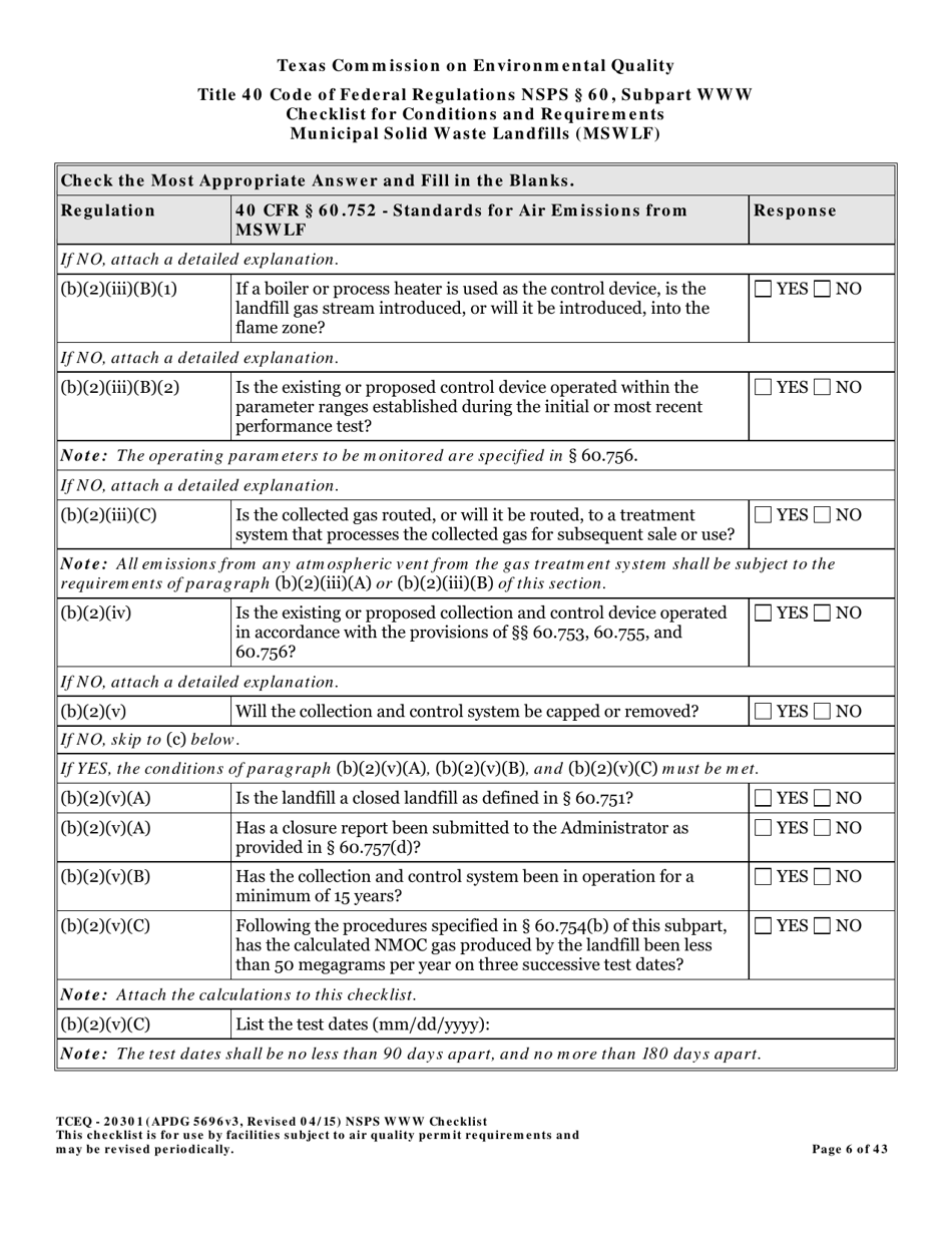 Form TCEQ-20301 Checklist for Standards of Performance for Mswlf Title 40 Cfr / Nsps Subpart Www - Texas, Page 6