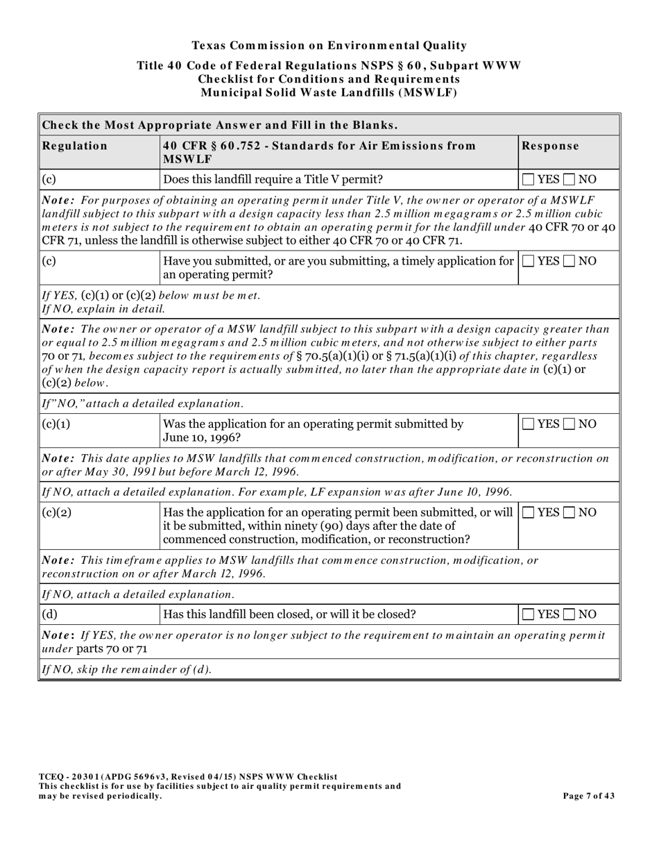 Form TCEQ-20301 Checklist for Standards of Performance for Mswlf Title 40 Cfr / Nsps Subpart Www - Texas, Page 7