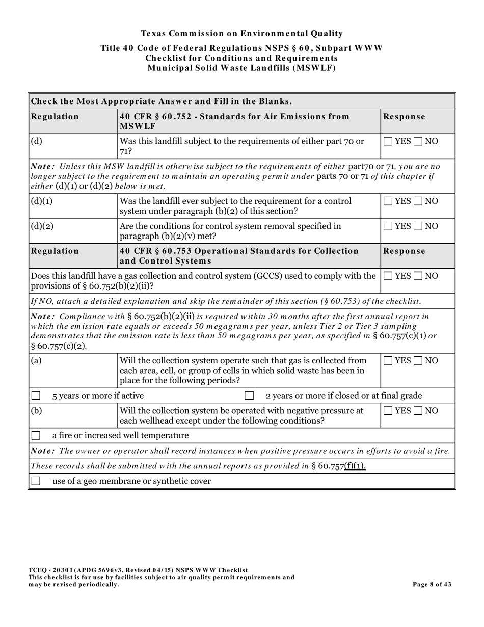 Form TCEQ-20301 Checklist for Standards of Performance for Mswlf Title 40 Cfr / Nsps Subpart Www - Texas, Page 8