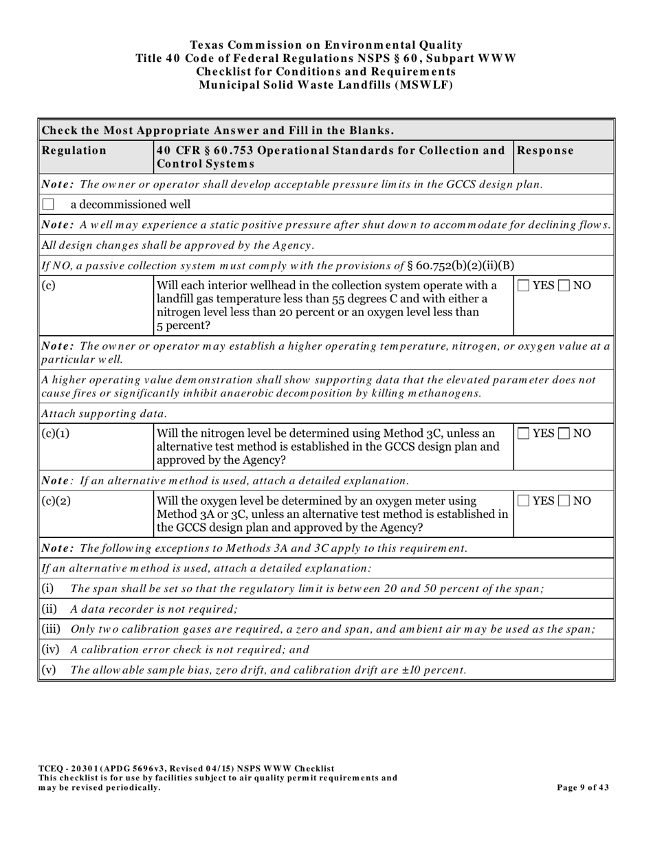 Form TCEQ-20301 Checklist for Standards of Performance for Mswlf Title 40 Cfr / Nsps Subpart Www - Texas, Page 9