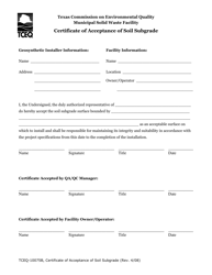 Document preview: Form TCEQ-10075B Certificate of Acceptance of Soil Subgrade - Texas