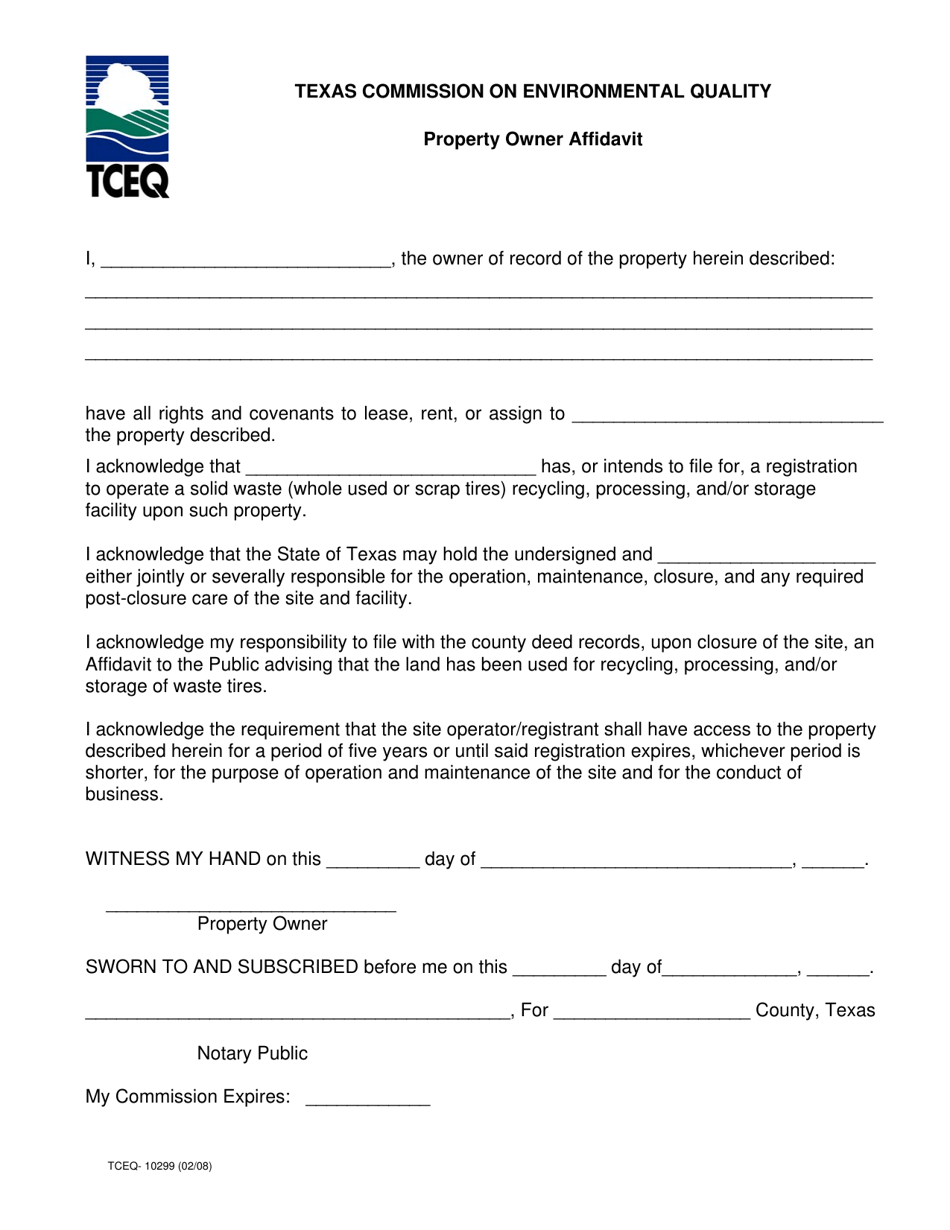 Form 10299 Property Owner Affidavit for Scrap Tire Facility - Texas, Page 1