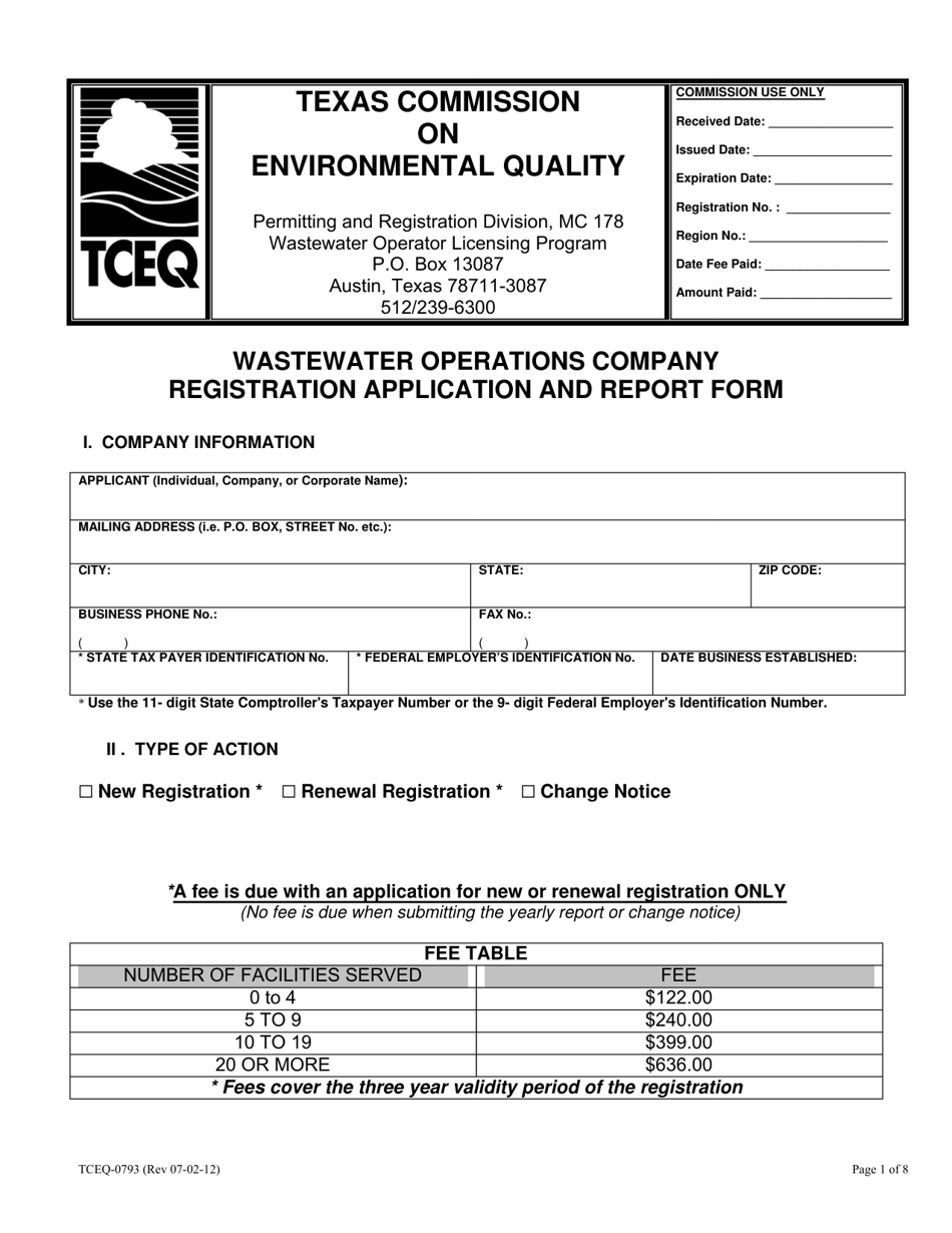 Form TCEQ-00793 Wastewater Operations Company Registration Application and Report Form - Texas, Page 1