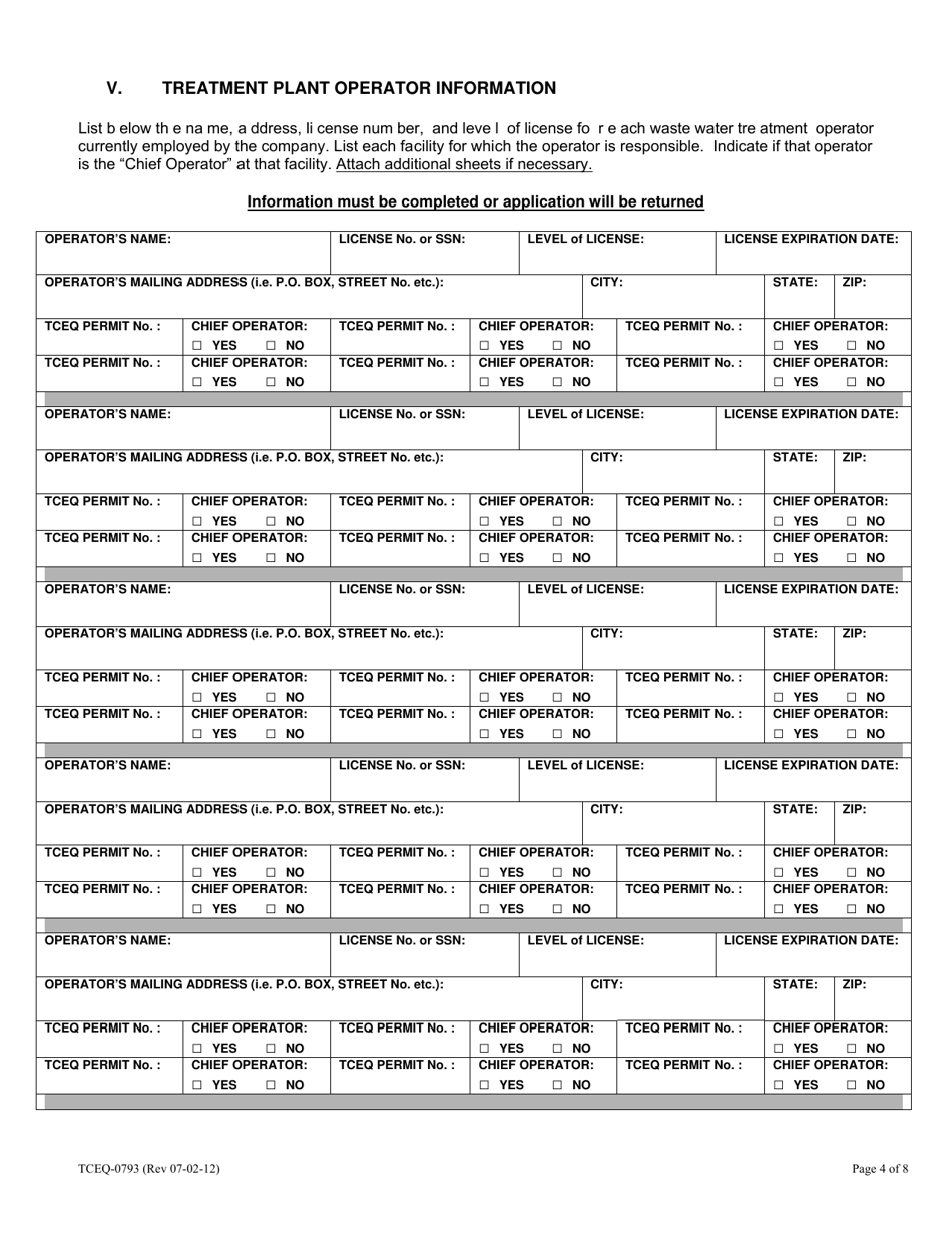Form TCEQ-00793 Wastewater Operations Company Registration Application and Report Form - Texas, Page 4