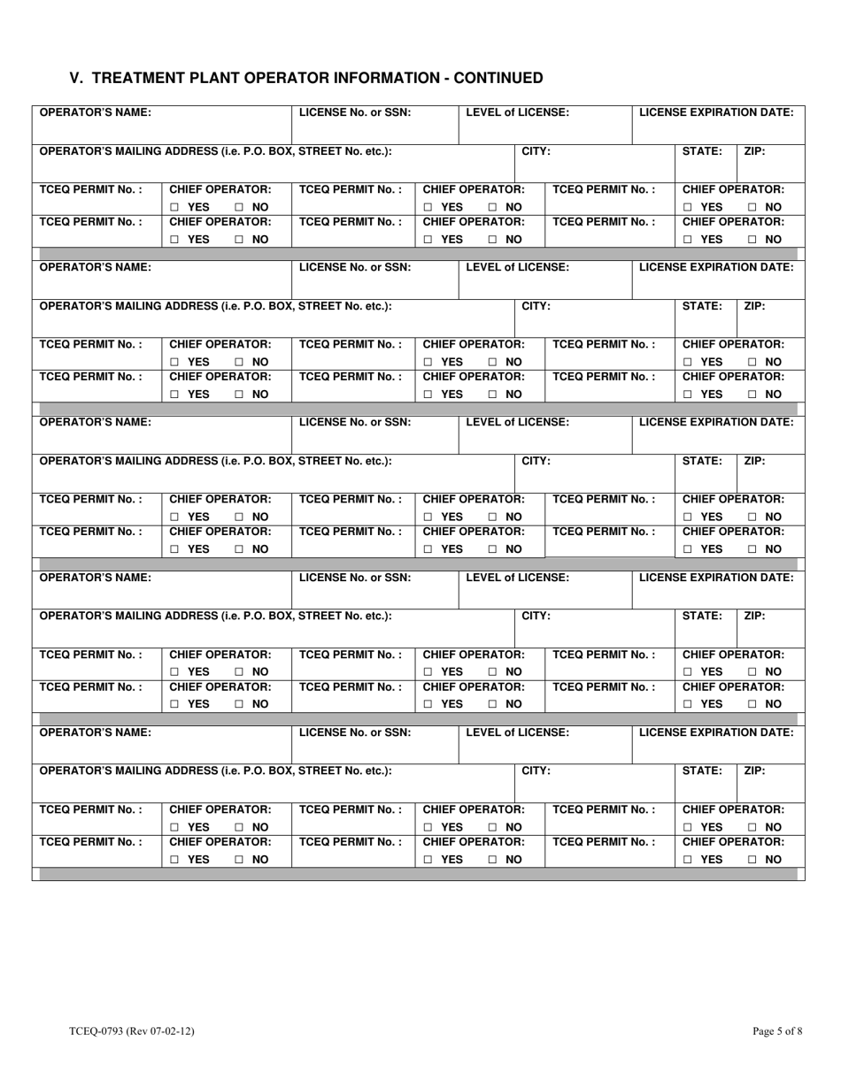 Form TCEQ-00793 Wastewater Operations Company Registration Application and Report Form - Texas, Page 5
