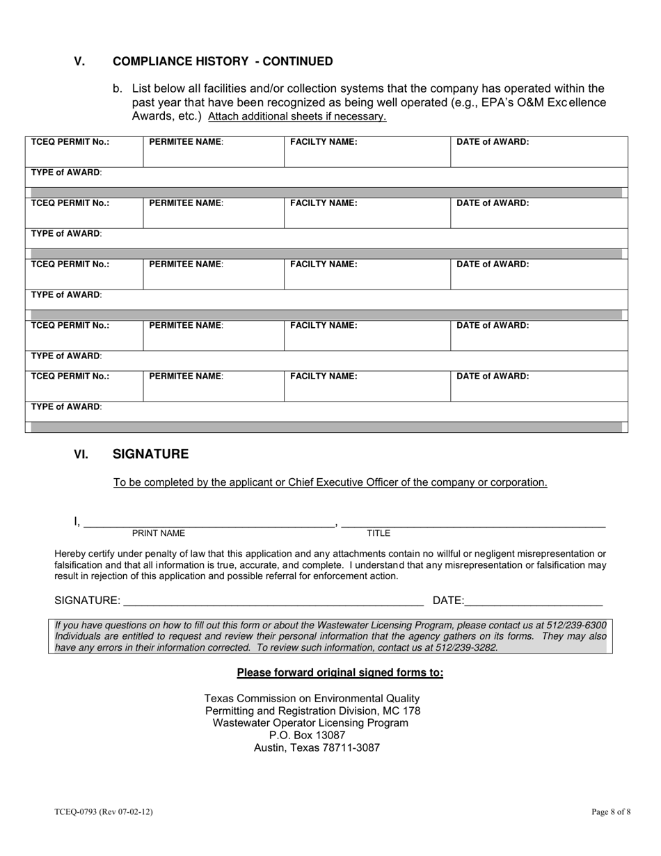 Form TCEQ-00793 Wastewater Operations Company Registration Application and Report Form - Texas, Page 8