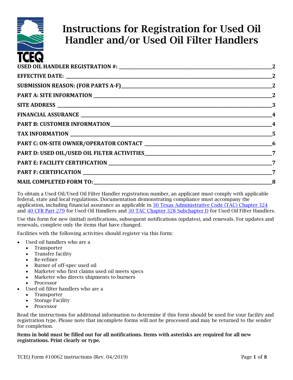 Instructions for Form TCEQ-10062 Registration for Used Oil Handlers and / or Used Oil Filter Handlers - Texas, Page 1