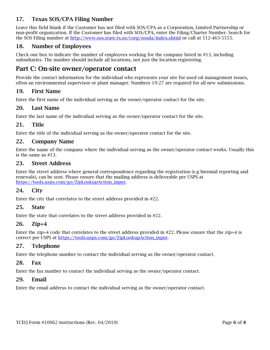 Instructions for Form TCEQ-10062 Registration for Used Oil Handlers and / or Used Oil Filter Handlers - Texas, Page 6