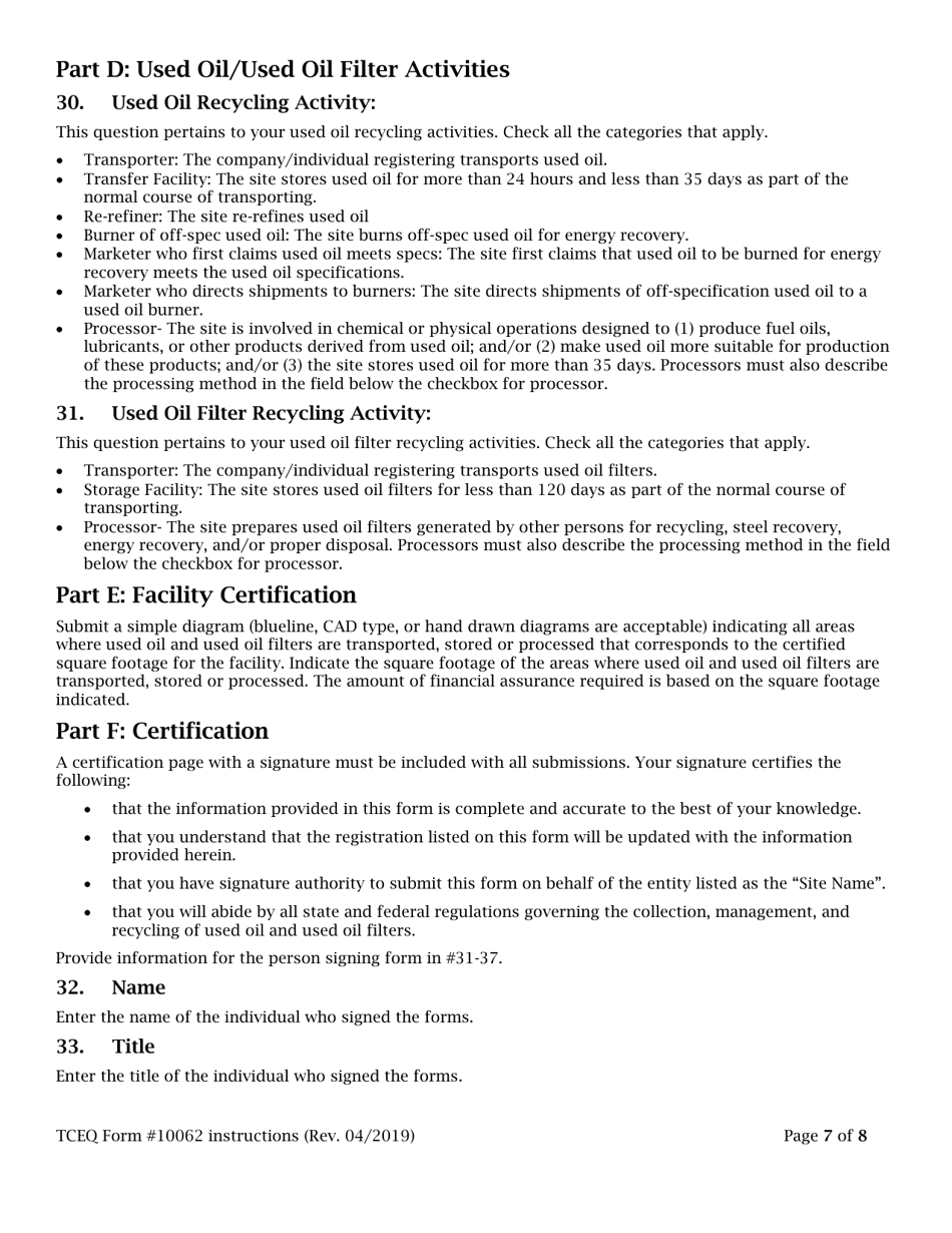 Instructions for Form TCEQ-10062 Registration for Used Oil Handlers and / or Used Oil Filter Handlers - Texas, Page 7