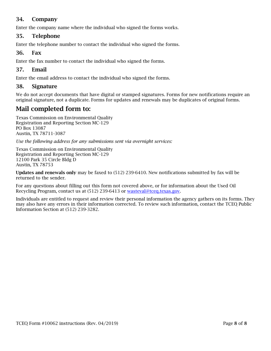 Instructions for Form TCEQ-10062 Registration for Used Oil Handlers and / or Used Oil Filter Handlers - Texas, Page 8