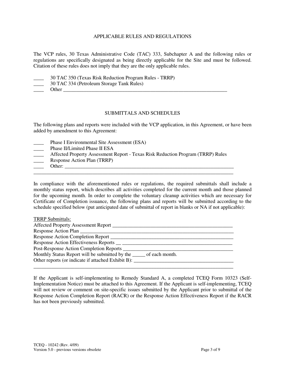 Form TCEQ-10242 Voluntary Cleanup Program Agreement - Texas, Page 3