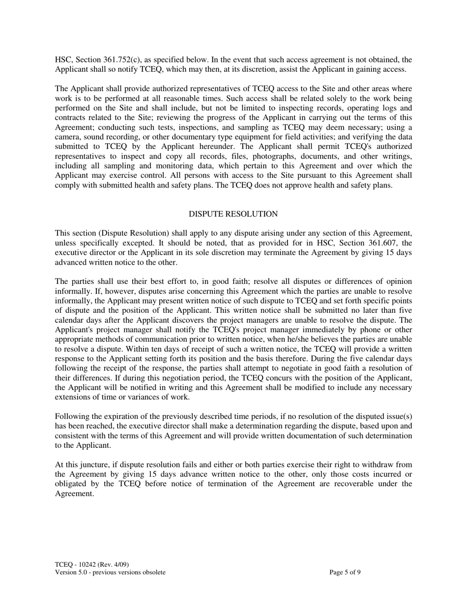 Form TCEQ-10242 Voluntary Cleanup Program Agreement - Texas, Page 5