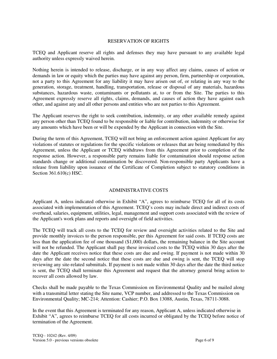 Form TCEQ-10242 Voluntary Cleanup Program Agreement - Texas, Page 6