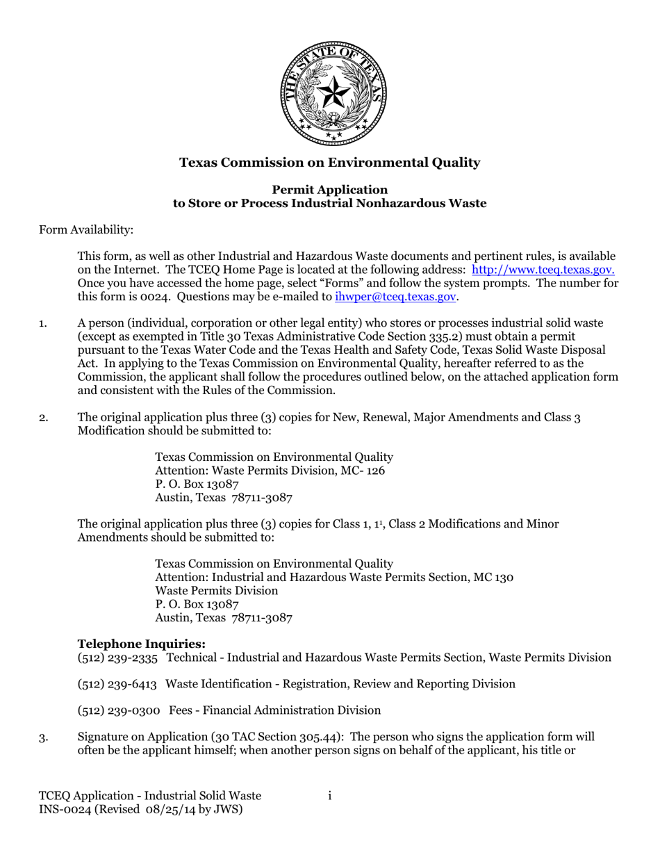 Form TCEQ-0024 Permit Applications to Store or Process Industrial Nonhazardous Waste - Texas, Page 1
