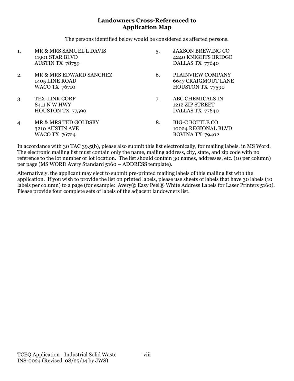 Form TCEQ-0024 Permit Applications to Store or Process Industrial Nonhazardous Waste - Texas, Page 8