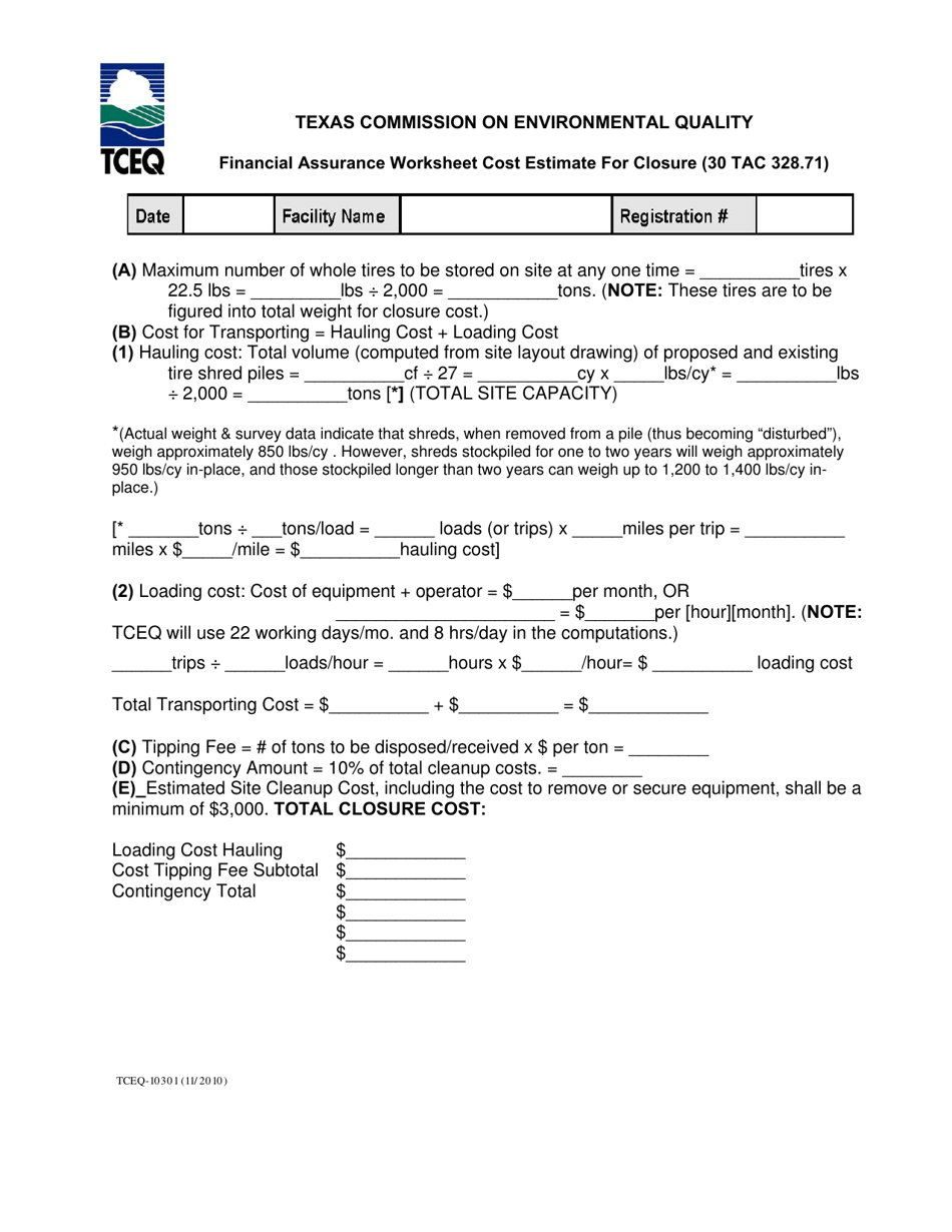 Form TCEQ-10301 Cost Estimate Worksheet for Scrap Tire Storage Site Closure - Texas, Page 1