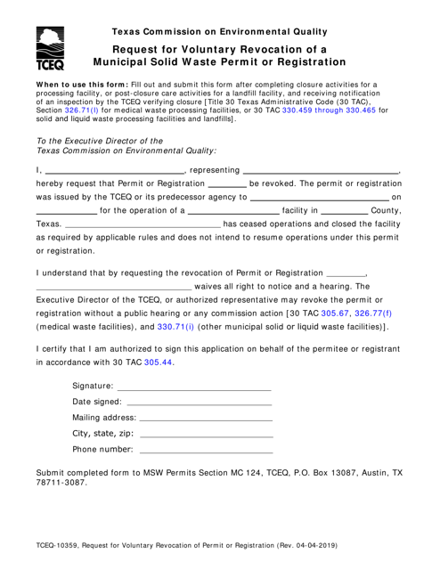Form TCEQ-10359 Request for Voluntary Revocation of Permit or Registration - Texas