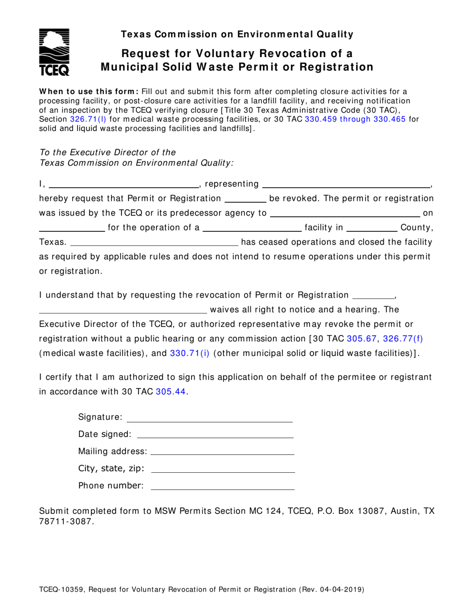 Form TCEQ-10359 Request for Voluntary Revocation of Permit or Registration - Texas, Page 1
