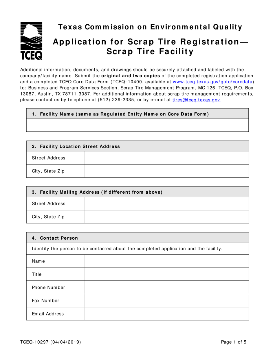Form TCEQ-10297 Scrap Tire Management Registration Application - Texas, Page 1