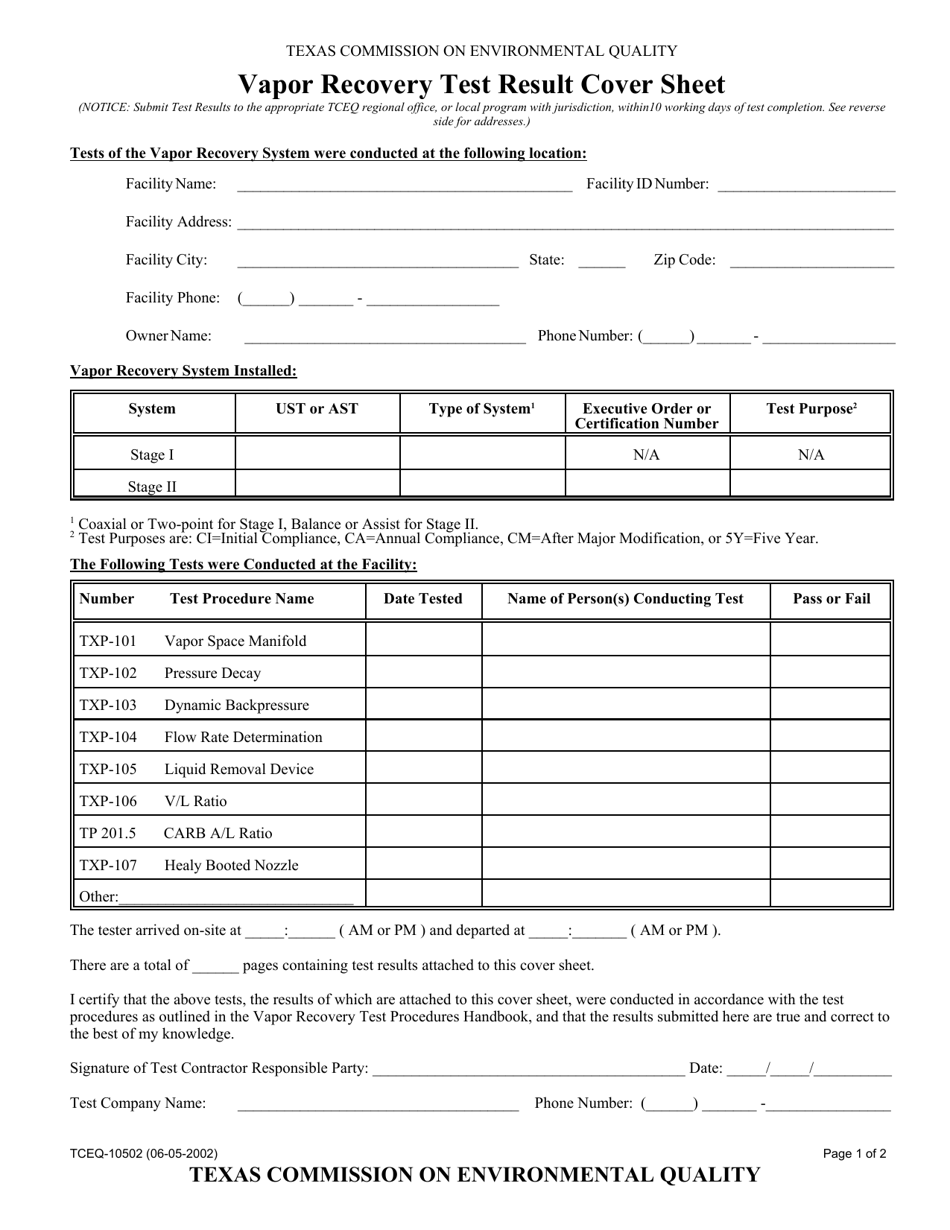 Form TCEQ-10502 Vapor Recovery Test Result Cover Sheet - Texas, Page 1