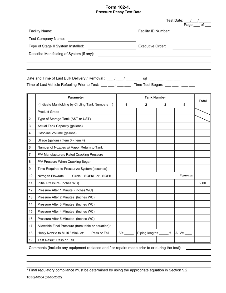 Form TCEQ-10504 (102-1) Pressure Decay Test Data - Texas, Page 1