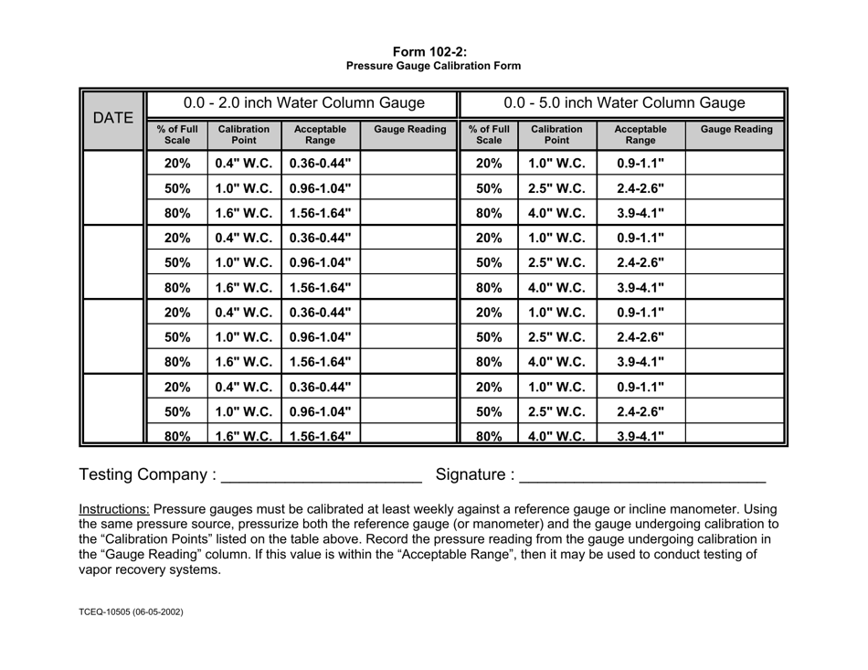 Form TCEQ-10505 (102-2) Pressure Gauge Calibration - Texas, Page 1