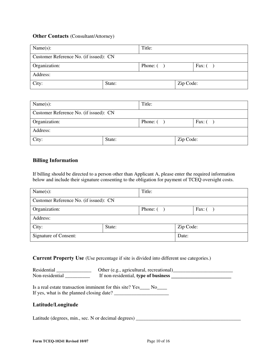 Form TCEQ-10241 Voluntary Cleanup Program Application - Texas, Page 10