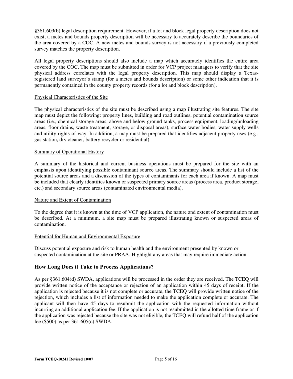 Form TCEQ-10241 Voluntary Cleanup Program Application - Texas, Page 5