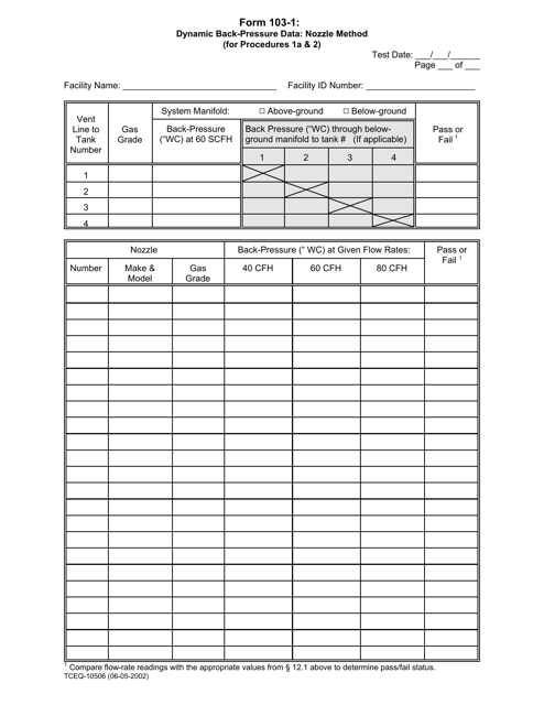 Form TCEQ-10506 (103-1) Dynamic Back-Pressure Data: Nozzle Method (For Procedures 1a and 2) - Texas