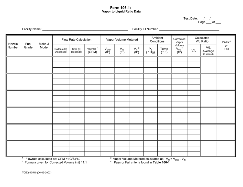 Form TCEQ-10510 (106-1) Vapor to Liquid Ratio Data - Texas, Page 1