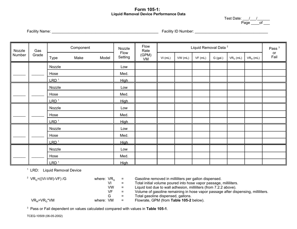 Form TCEQ-10509 (105-1) Liquid Removal Device Performance Data - Texas, Page 1