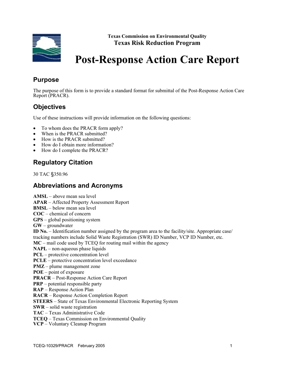 Form TCEQ-10329 / PRACR Post-response Action Care Report - Texas, Page 1