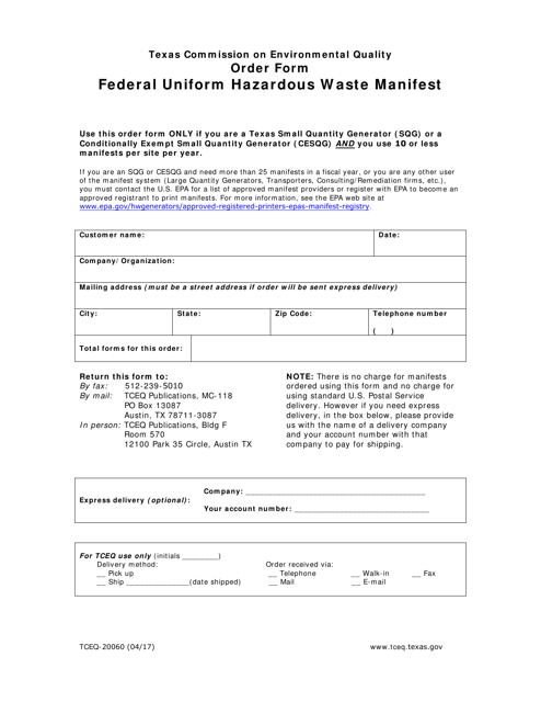 Form TCEQ-20060 Order Form for Federal Uniform Hazardous Waste Manifest - Texas