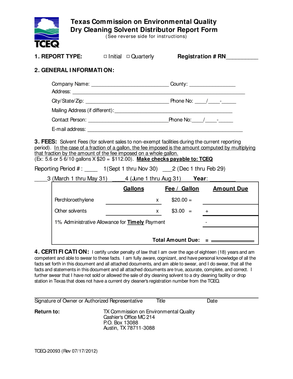 Form TCEQ-20093 Dry Cleaning Solvent Distributor Report Form - Texas, Page 1
