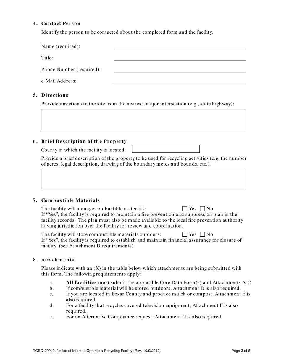 Form TCEQ-20049 Notice of Intent to Operate a Recycling Facility - Texas, Page 3
