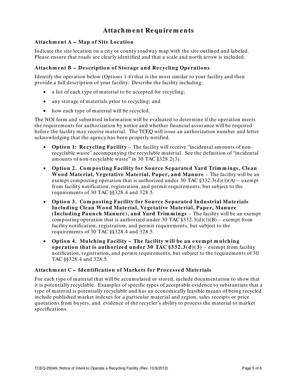 Form TCEQ-20049 Notice of Intent to Operate a Recycling Facility - Texas, Page 5