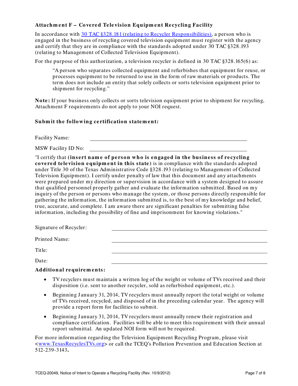 Form TCEQ-20049 Notice of Intent to Operate a Recycling Facility - Texas, Page 7