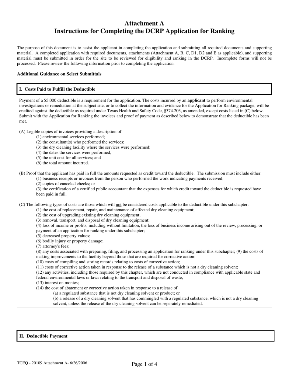 Instructions for Form TCEQ-20109 Attachment A Application for Ranking - Dry Cleaner Remediation Program - Texas, Page 1