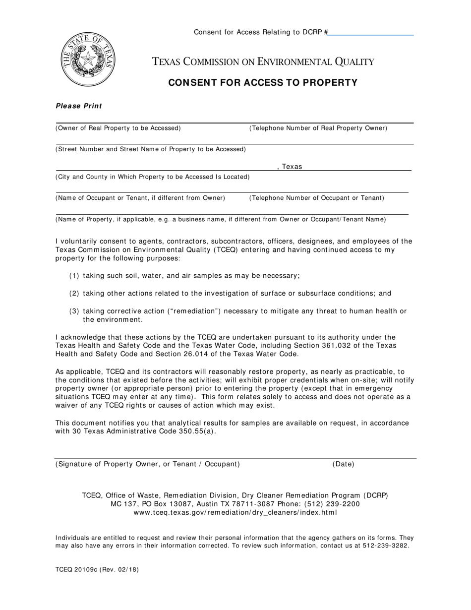 Form TCEQ-20109C Consent for Access to Property - Texas, Page 1