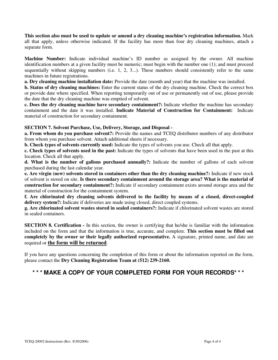 Instructions for Form TCEQ-20092 Dry Cleaning Facility Registration Form - Texas, Page 4