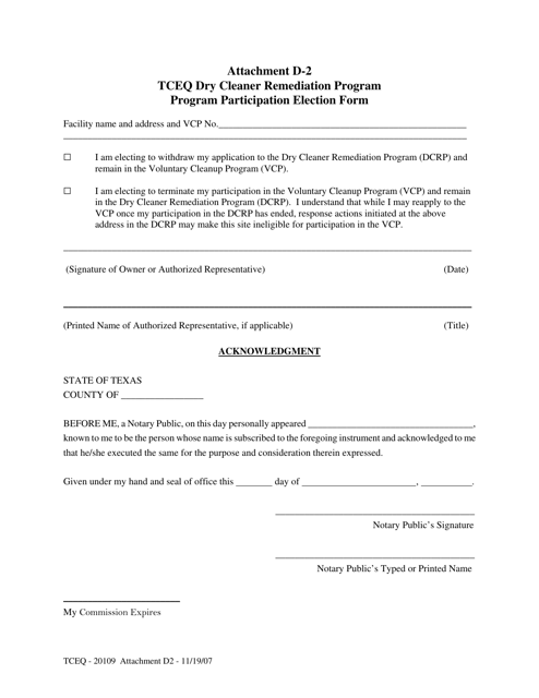 Form TCEQ-20109D2 Attachment D-2 Program Participation Election Form - Dry Cleaner Remediation Program - Texas
