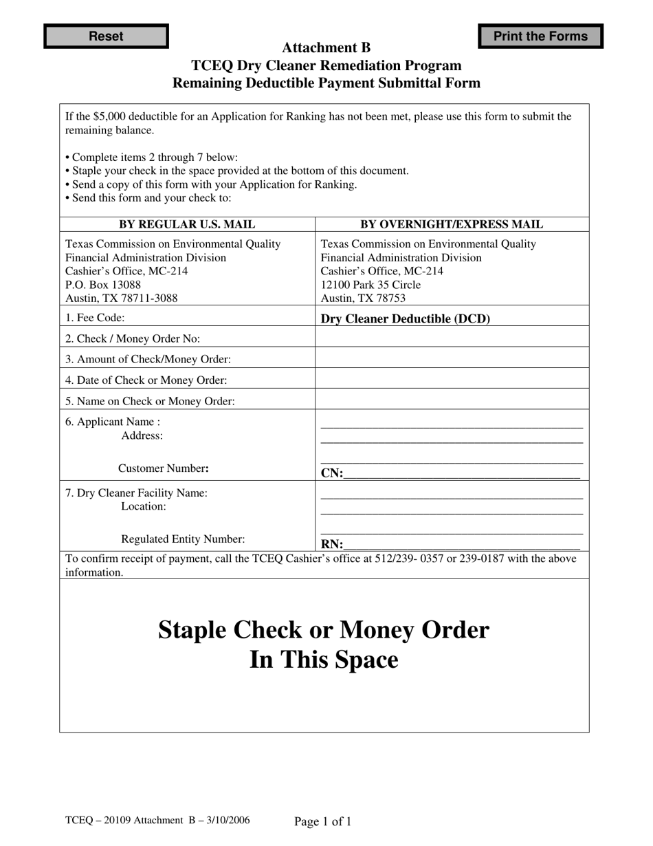 Form TCEQ-20109B Attachment B Remaining Deductible Payment Submittal Form - Dry Cleaner Remediation Program - Texas, Page 1