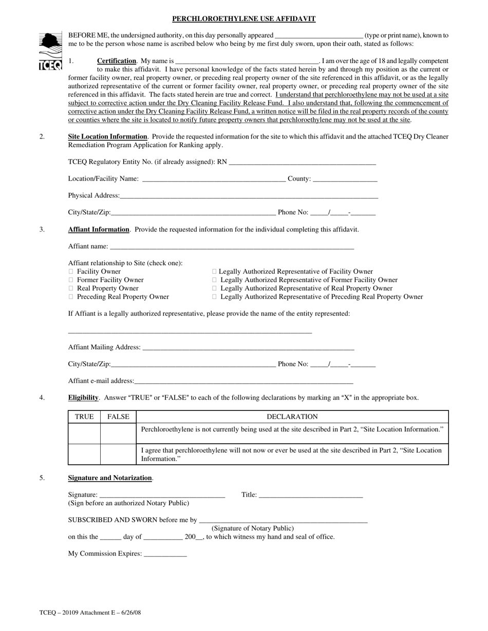 Form 20109 Attachment E Perchloroethylene Use Affidavit - Texas, Page 1