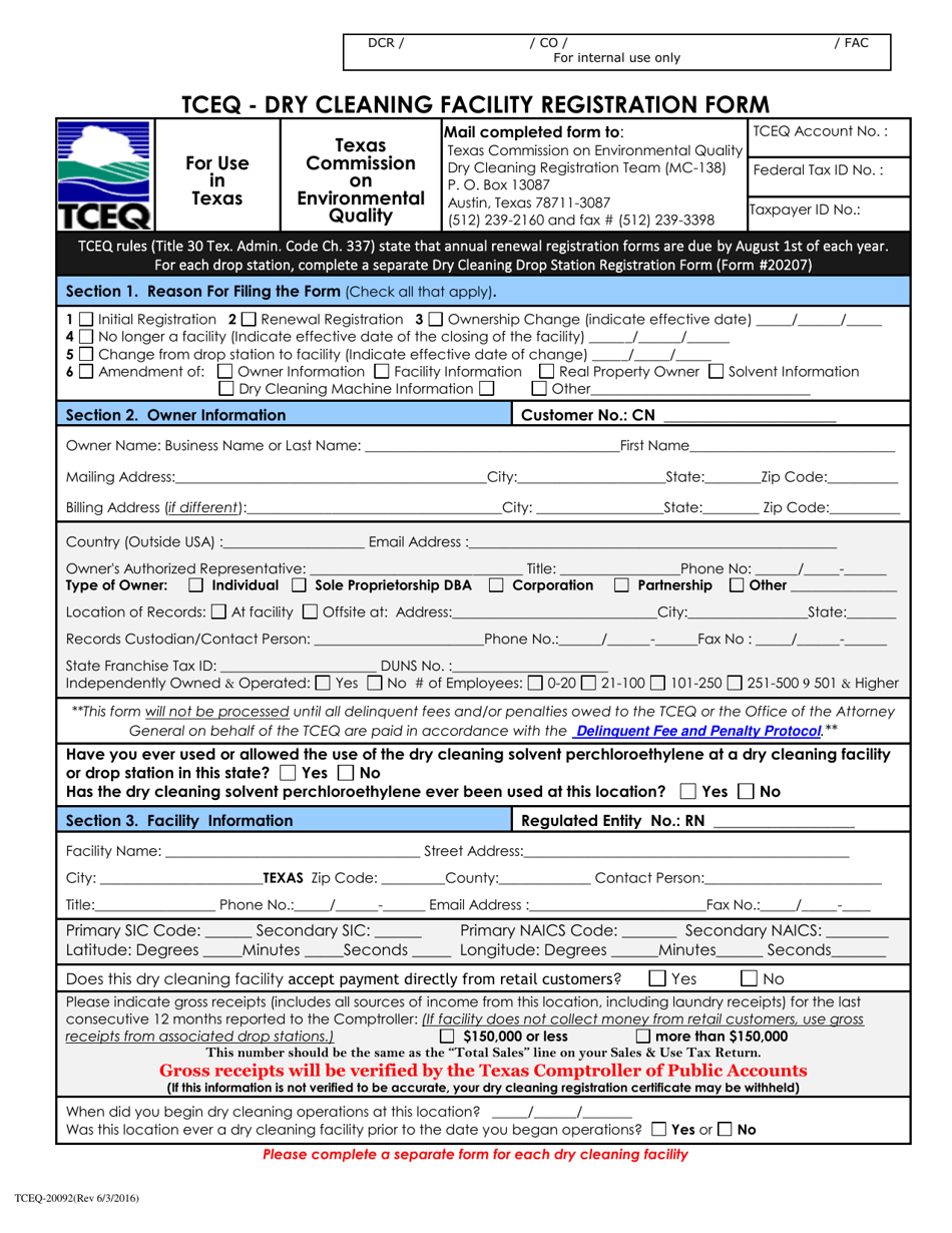 Form 20092 Tceq - Dry Cleaning Facility Registration Form - Texas, Page 1