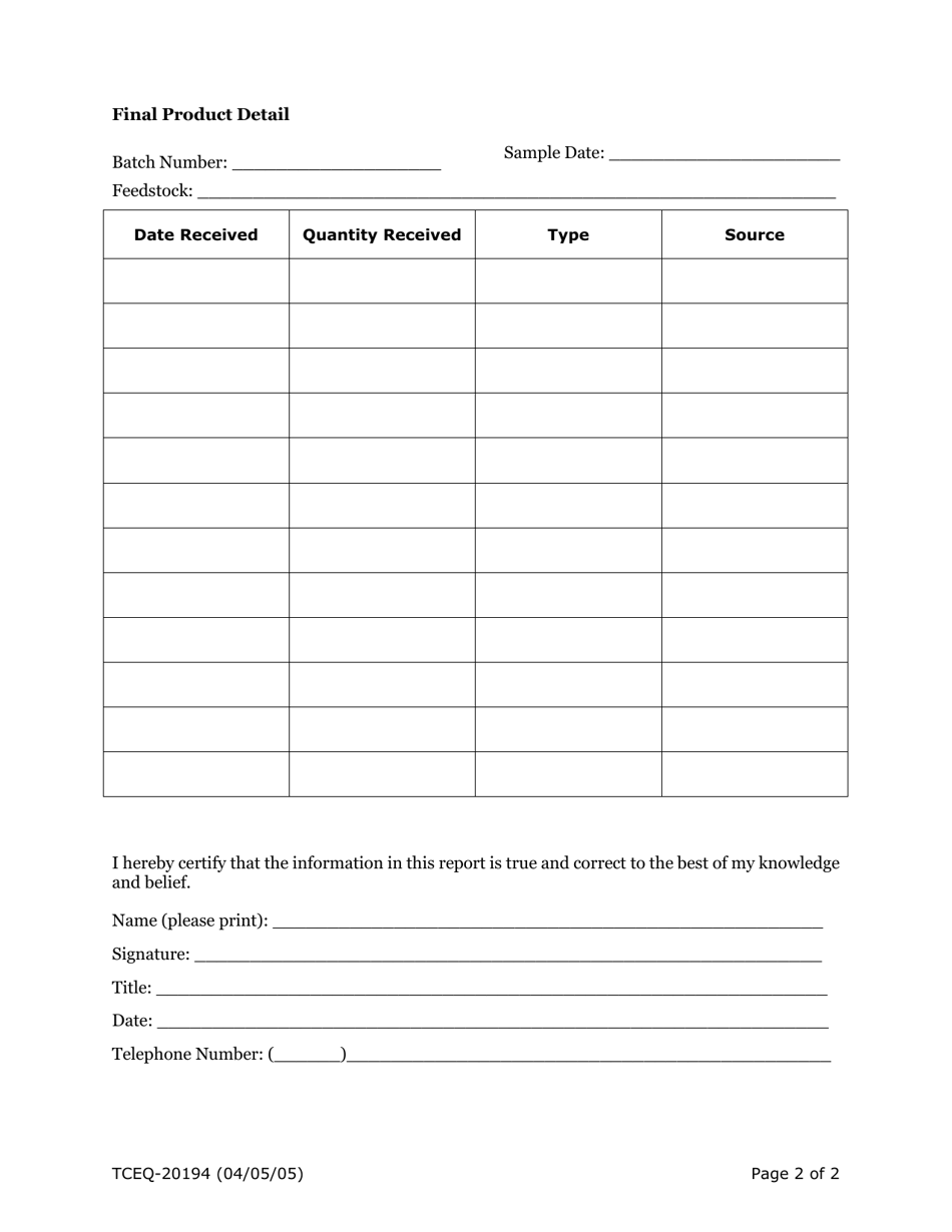 Form 20194 Final Product Report for Registered or Permitted Composting Facility - Texas, Page 2