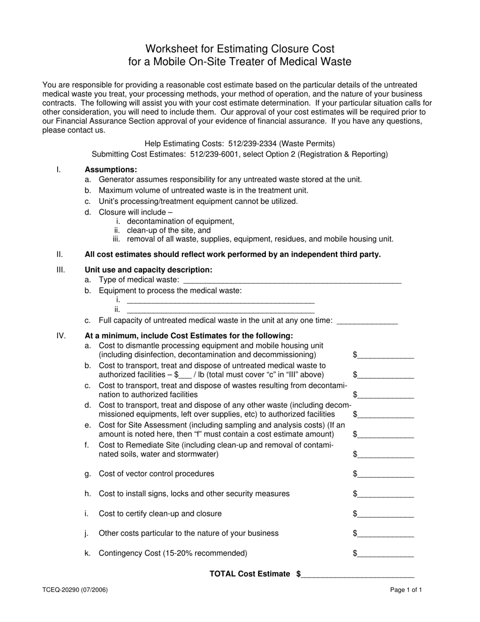Form 20290 Worksheet for Estimating Closure Cost for a Mobile on-Site Treater of Medical Waste - Texas, Page 1