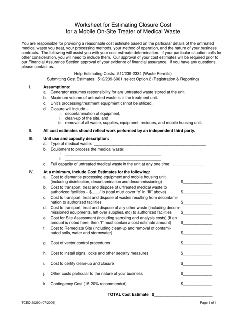 Form 20290 Worksheet for Estimating Closure Cost for a Mobile on-Site Treater of Medical Waste - Texas