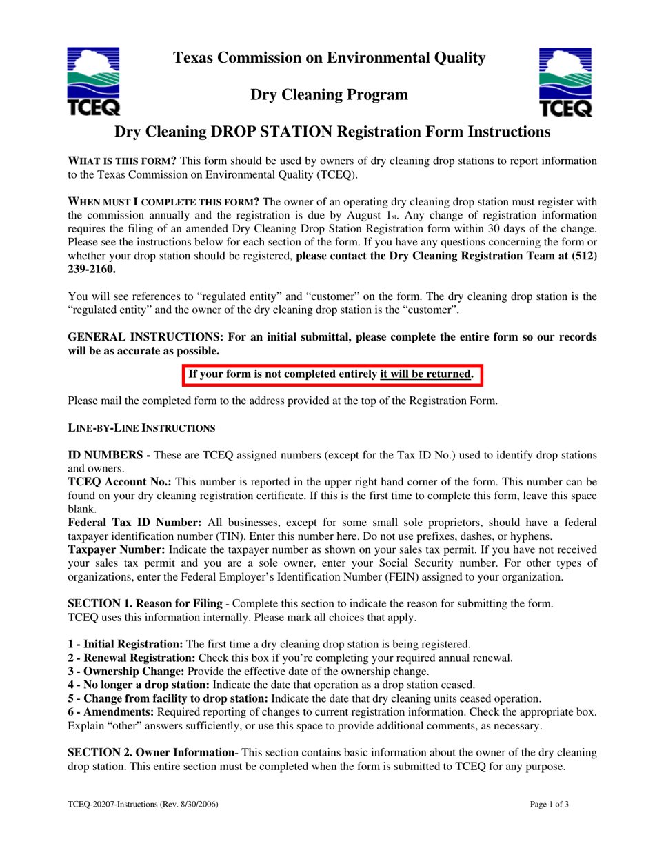 Instructions for Form 20207 Dry Cleaning Drop Station Registration - Texas, Page 1