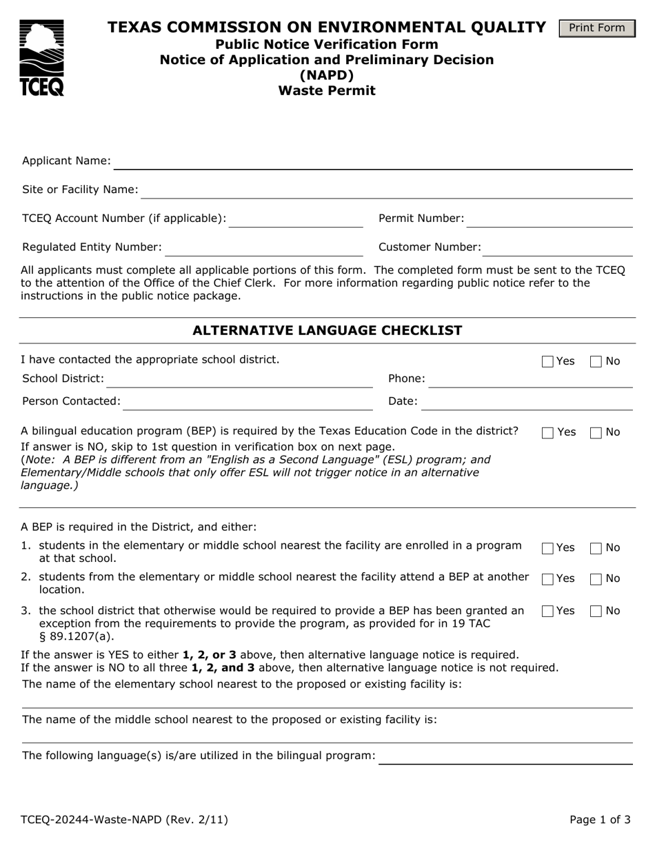 Form 20244-WASTE-NAPD Waste Permit Public Notice Verification Form for Notice of Application and Preliminary Decision - Texas, Page 1